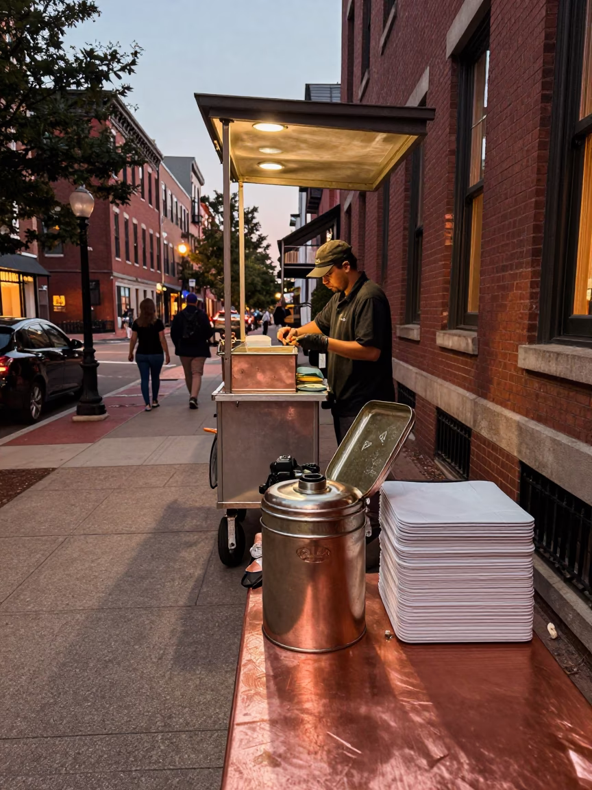 Boston Massachusetts Dusk Street Scene with Vintage Tiffin Tin and Stacked Plates in in Boston, Massachusetts, United States