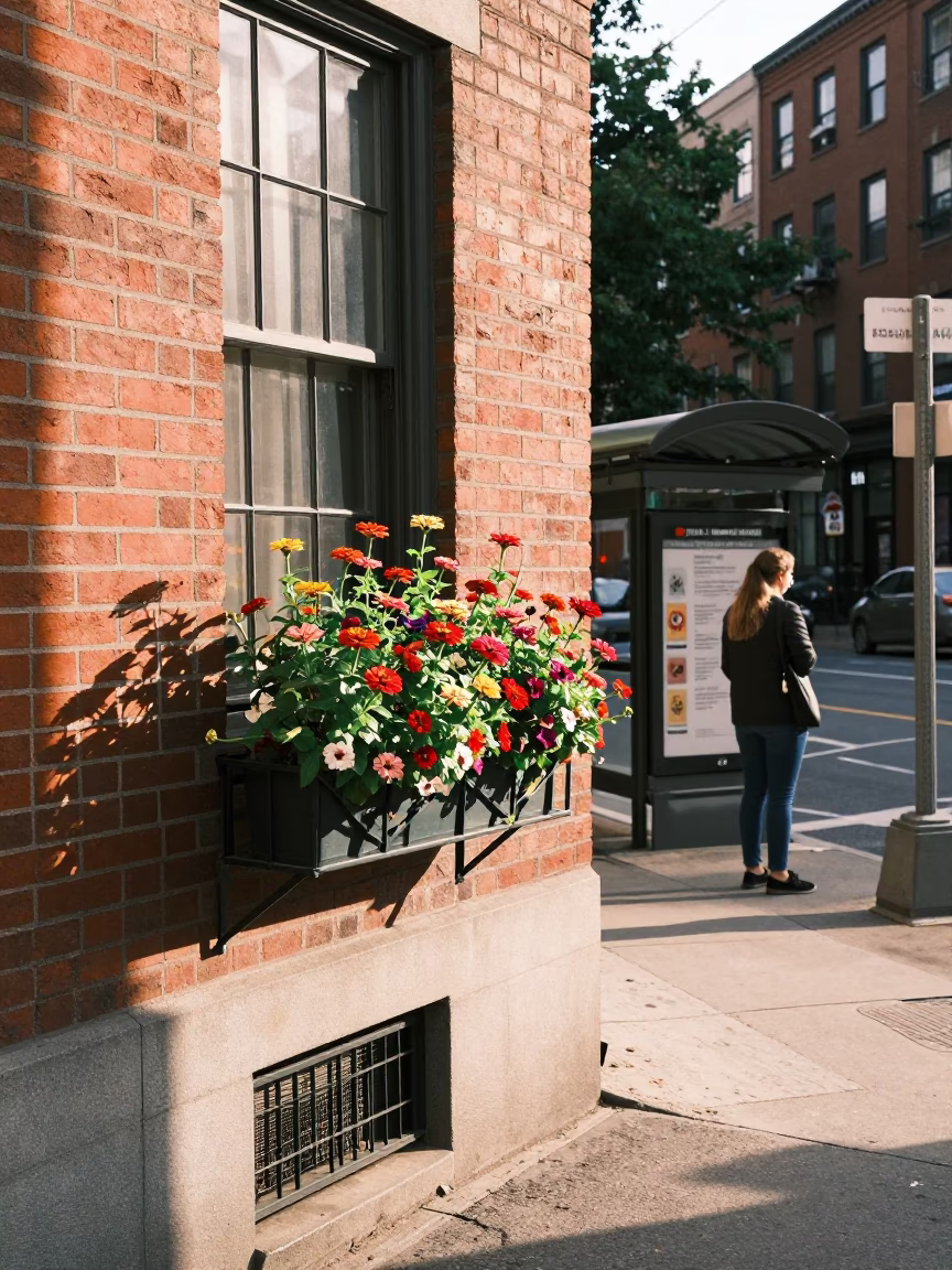 Boston Massachusetts Early Afternoon Street Scene with Zinnias and Urban Details in in Boston, Massachusetts, United States