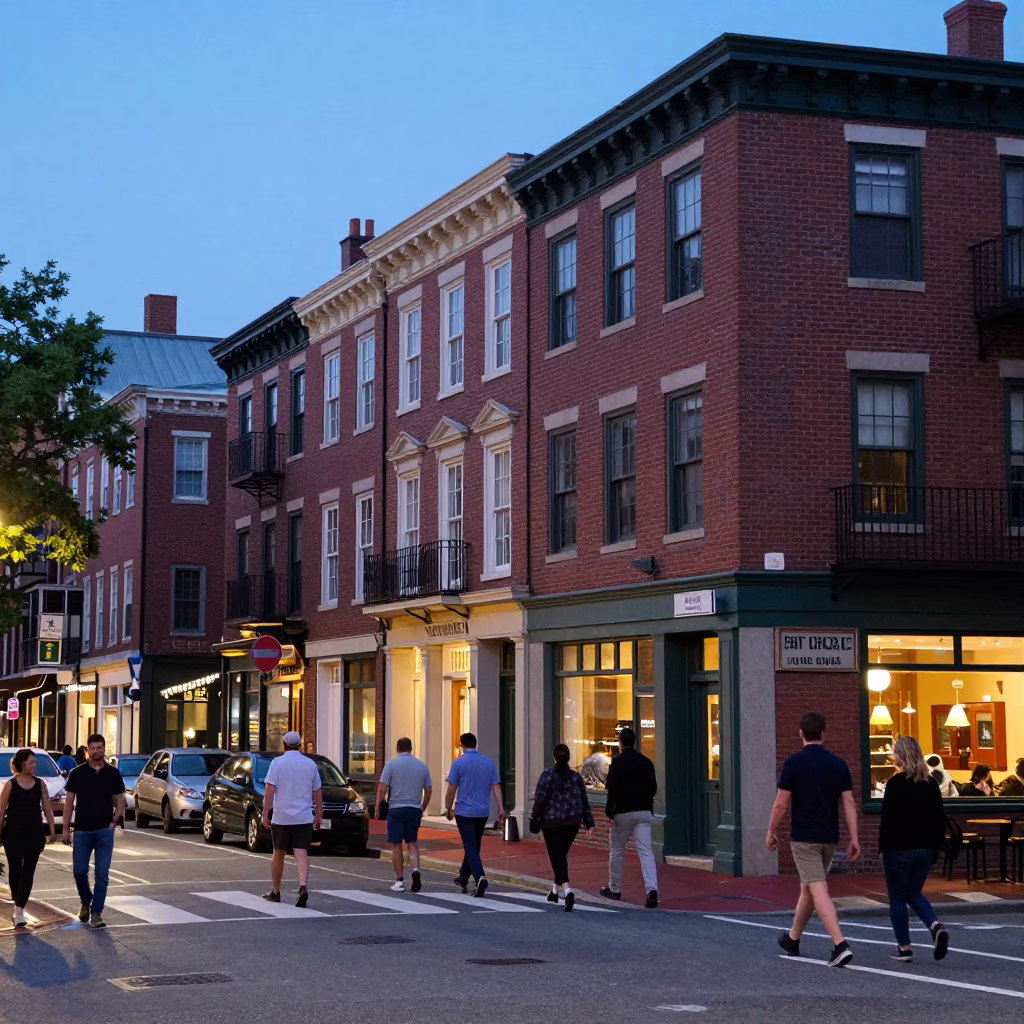 Boston Massachusetts Early Evening Street Scene with Commuters and Historic Architecture in in Boston, Massachusetts, United States