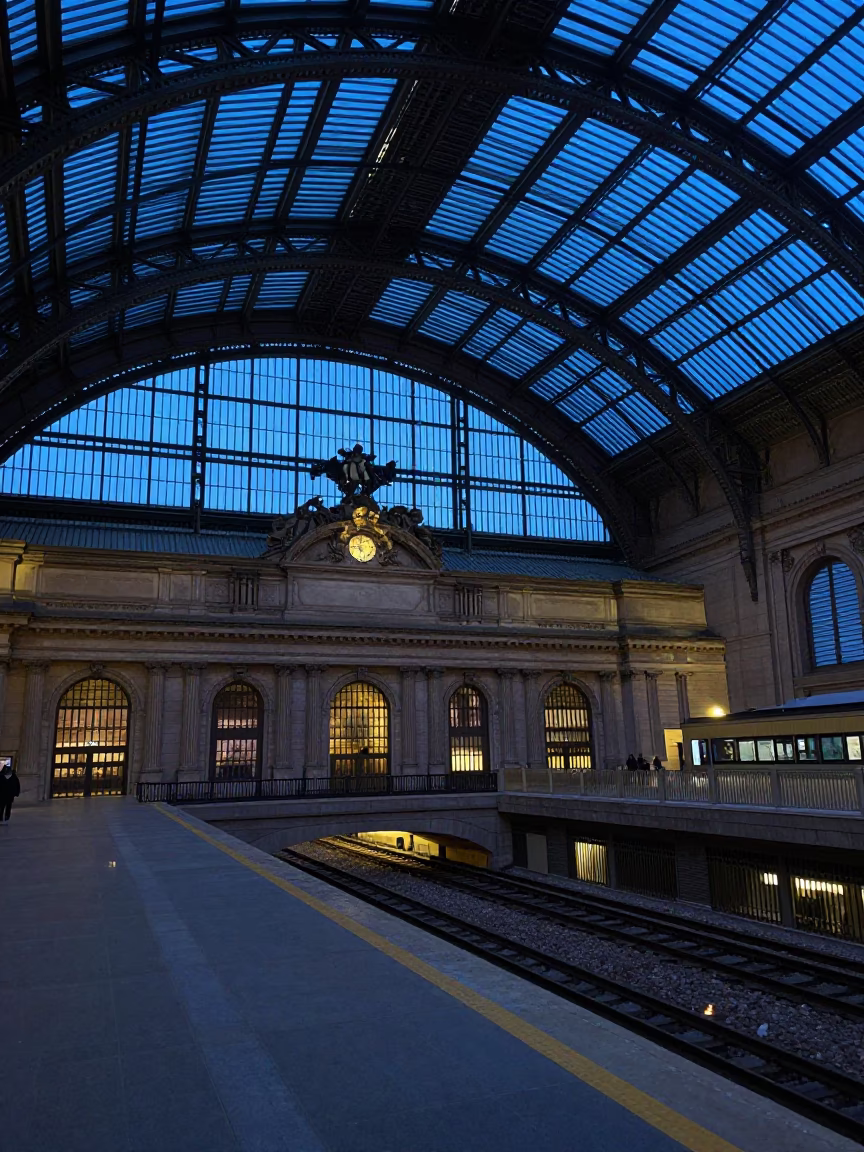 Boston Massachusetts evening blue hour glass steel train station arched roof commuters in in Boston, Massachusetts, United States