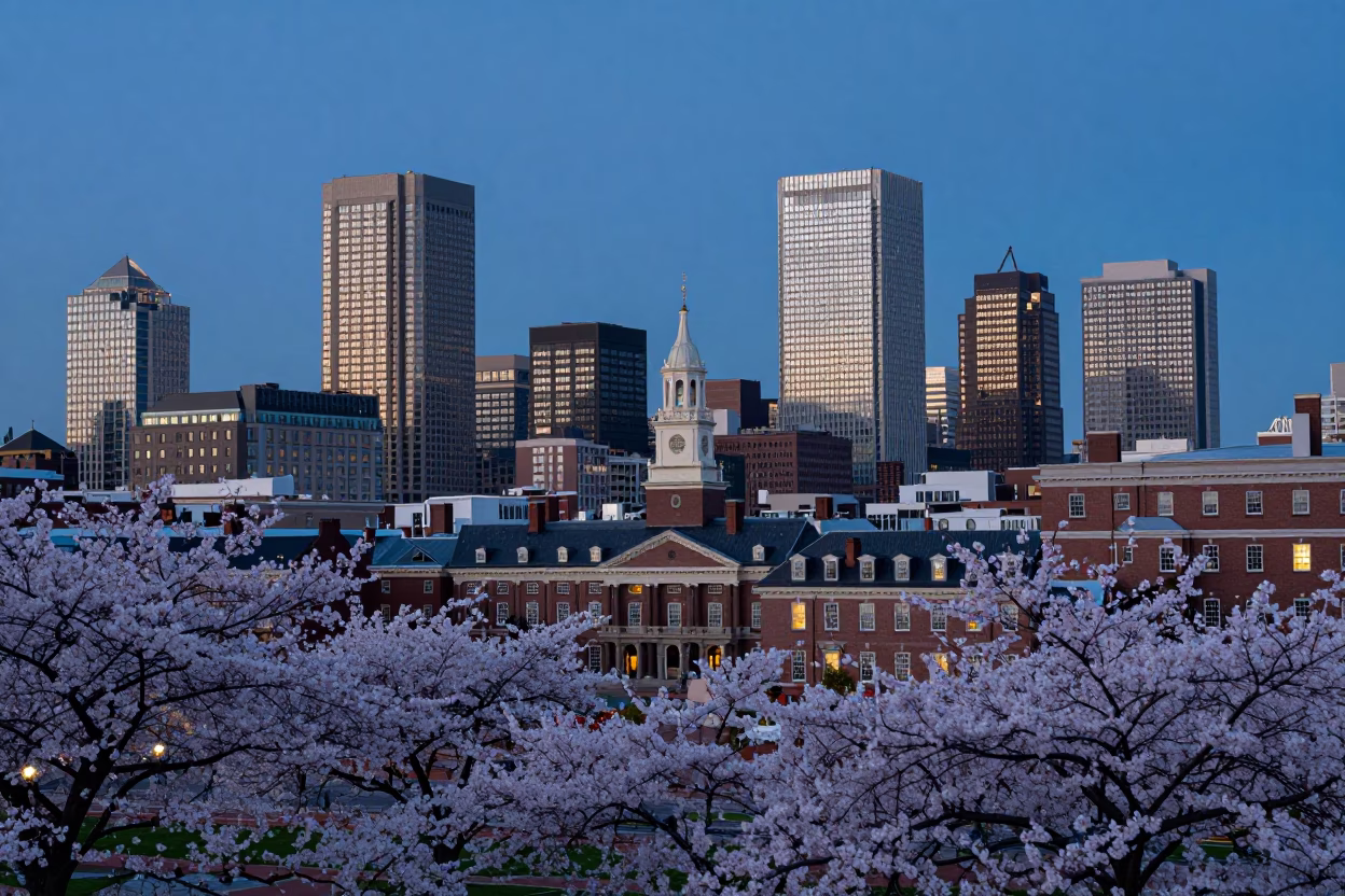 Boston Massachusetts Evening Skyline with Cherry Blossoms and Historic Architecture at Blue Hour in in Boston, Massachusetts, United States