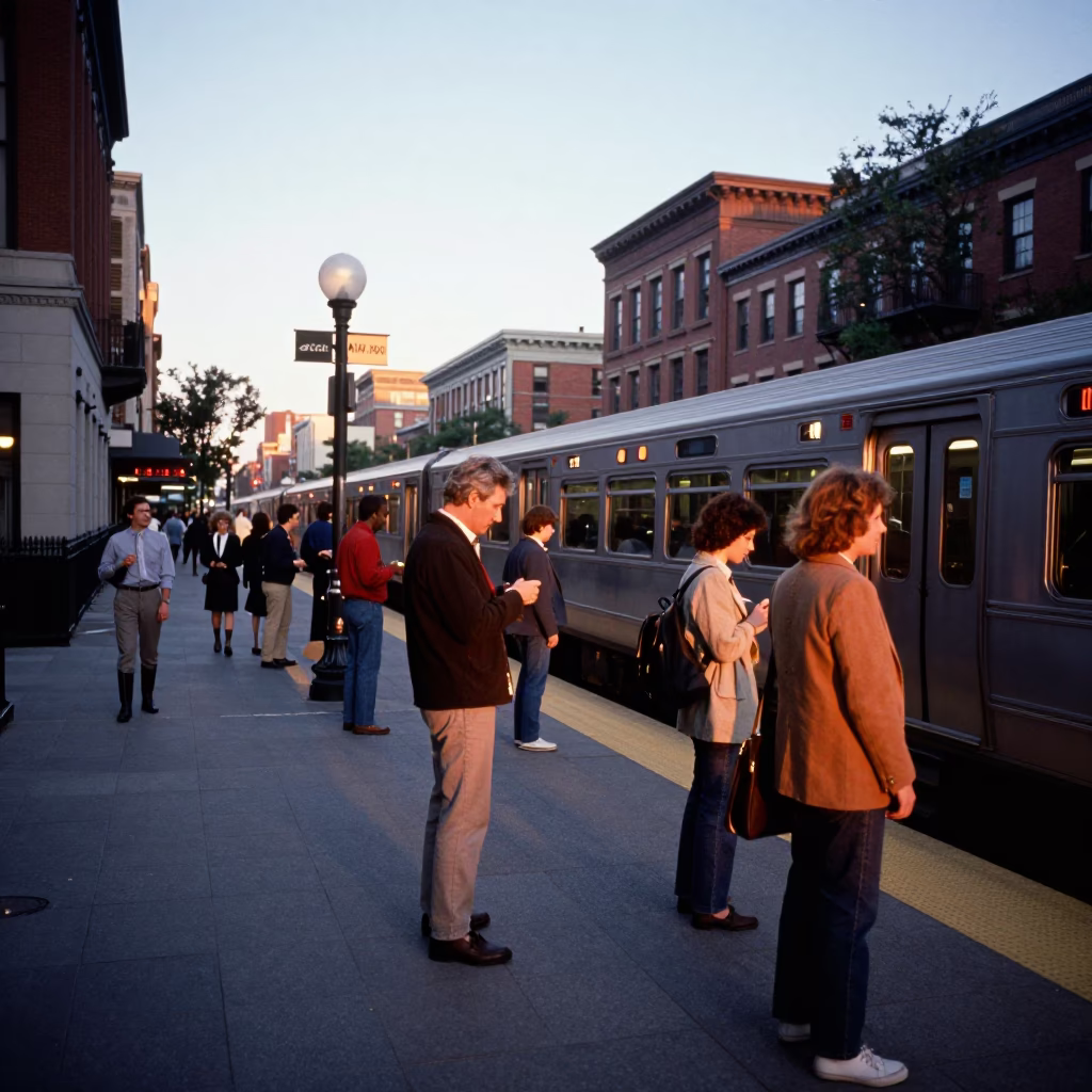 Boston Massachusetts Evening Street Scene with Commuter Train Platform and Urban Life in in Boston, Massachusetts, United States