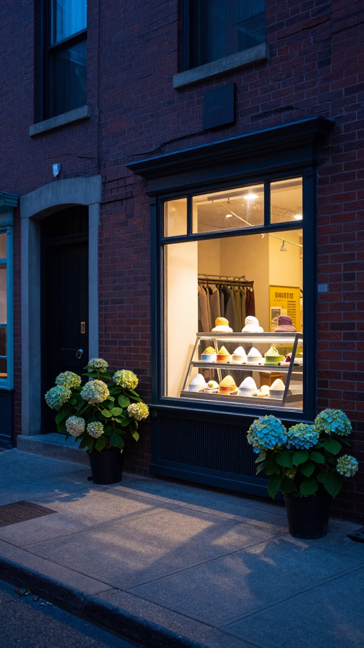 Boston Massachusetts Evening Street Scene with Gelato Display and Hydrangeas in in Boston, Massachusetts, United States