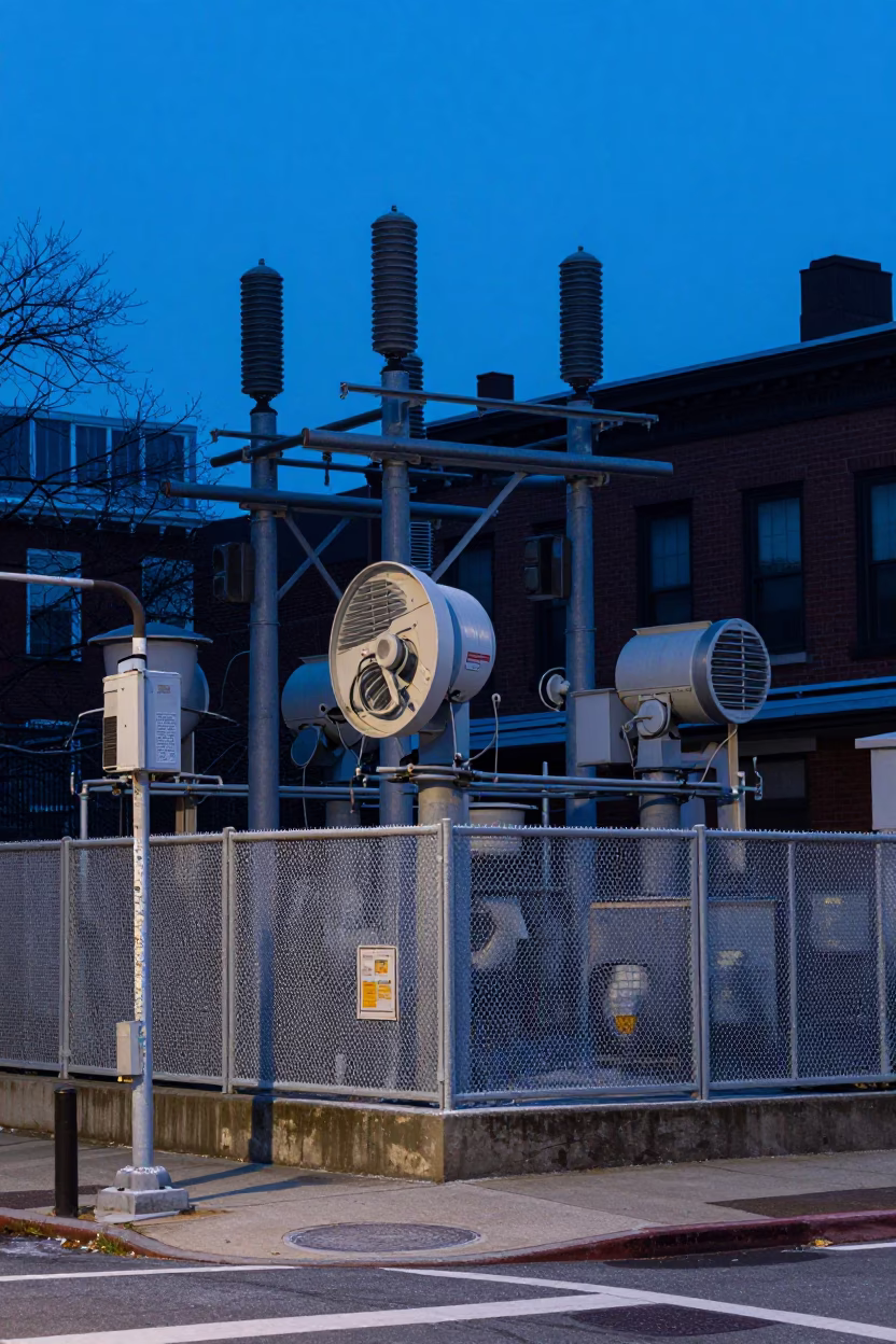Boston Massachusetts Evening Street Scene with Transmission Substation and Urban Infrastructure in in Boston, Massachusetts, United States