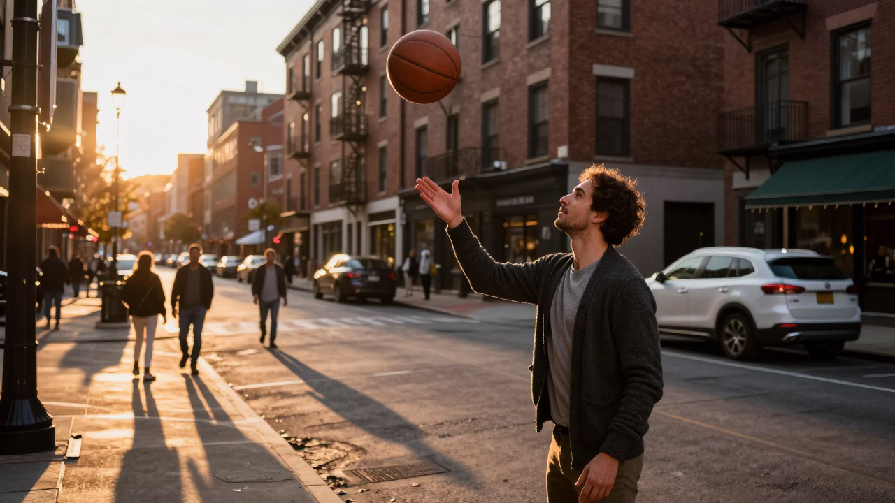 Boston Massachusetts Golden Hour Street Scene with Leather Basketball and Cardigans in in Boston, Massachusetts, United States