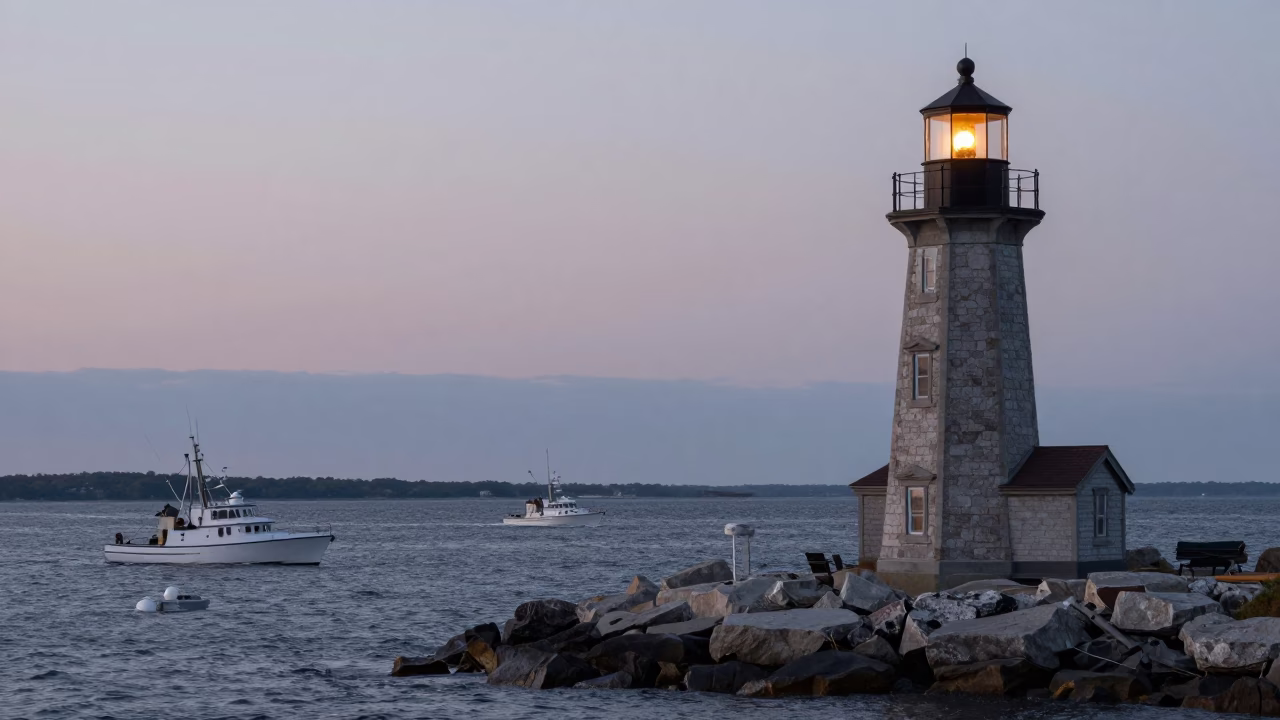 Boston Massachusetts Harbor Nautical Dawn Lighthouse and Fishing Boats Realistic Landscape in in Boston, Massachusetts, United States