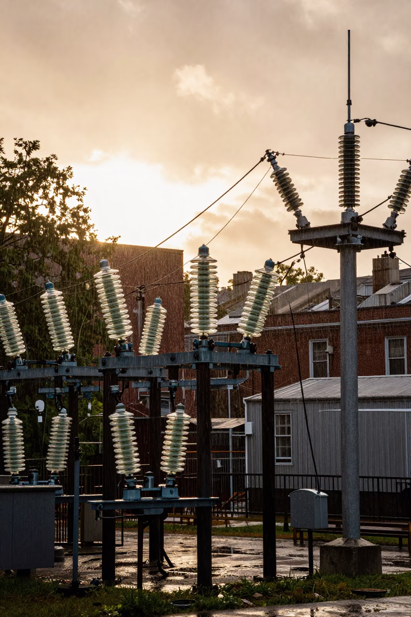 Boston Massachusetts Honeyed Evening Light Substation Insulators Sparkling with Rain Under Floodlights in in Boston, Massachusetts, United States