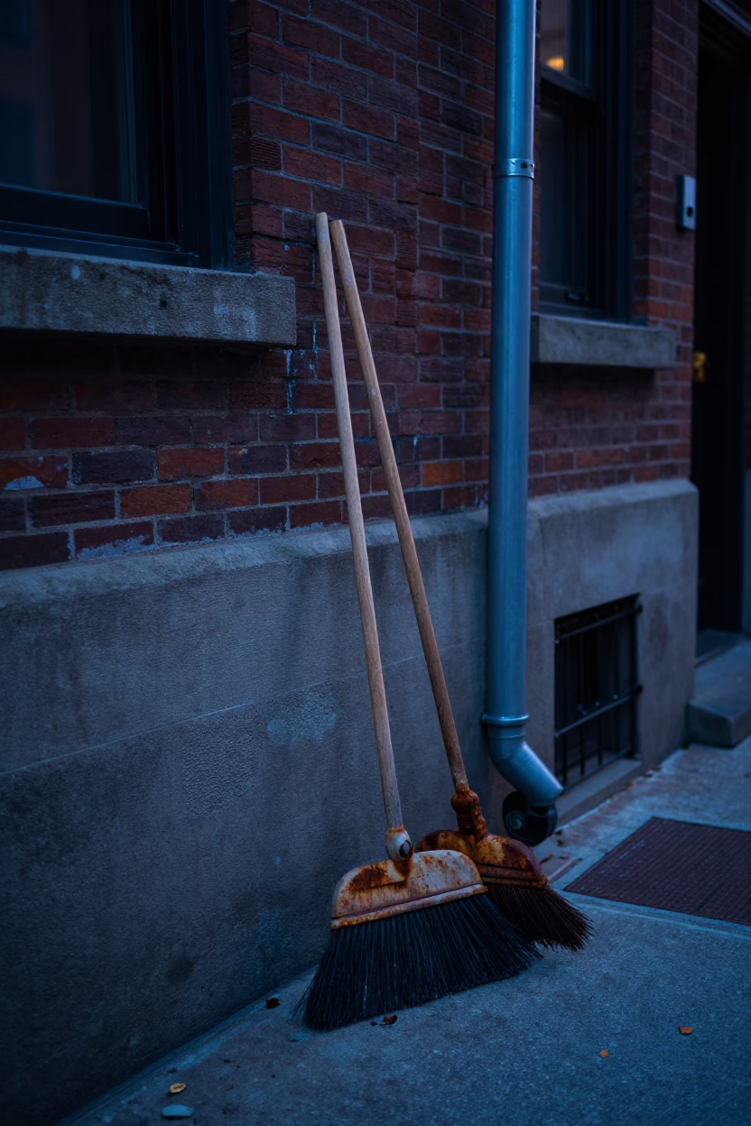 Boston Massachusetts Indigo Twilight Street Scene with Brooms and Rust in in Boston, Massachusetts, United States