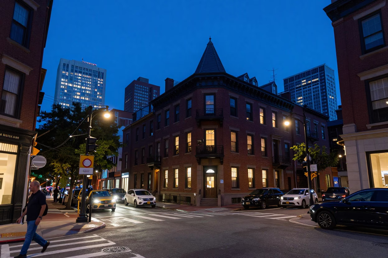 Boston Massachusetts indigo twilight street scene with historic brownstone and city lights in in Boston, Massachusetts, United States