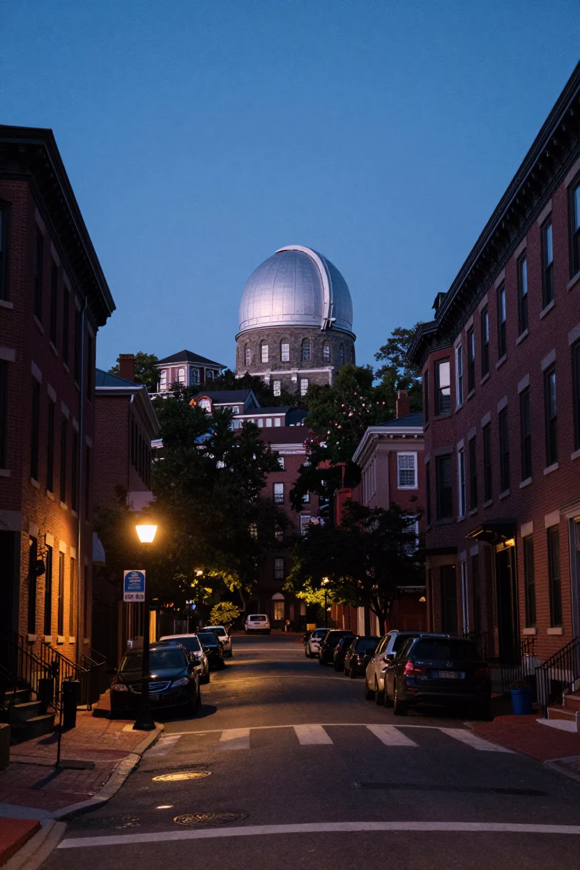 Boston Massachusetts Indigo Twilight Street Scene with Stone Observatory Hilltop and Reservoir Reflections in in Boston, Massachusetts, United States