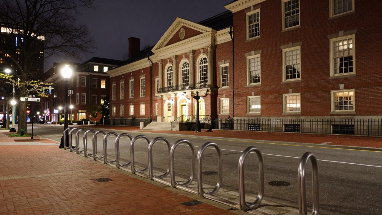 Boston Massachusetts Night Scene with Red Brick Architecture and Campus Bicycle Rack in in Boston, Massachusetts, United States
