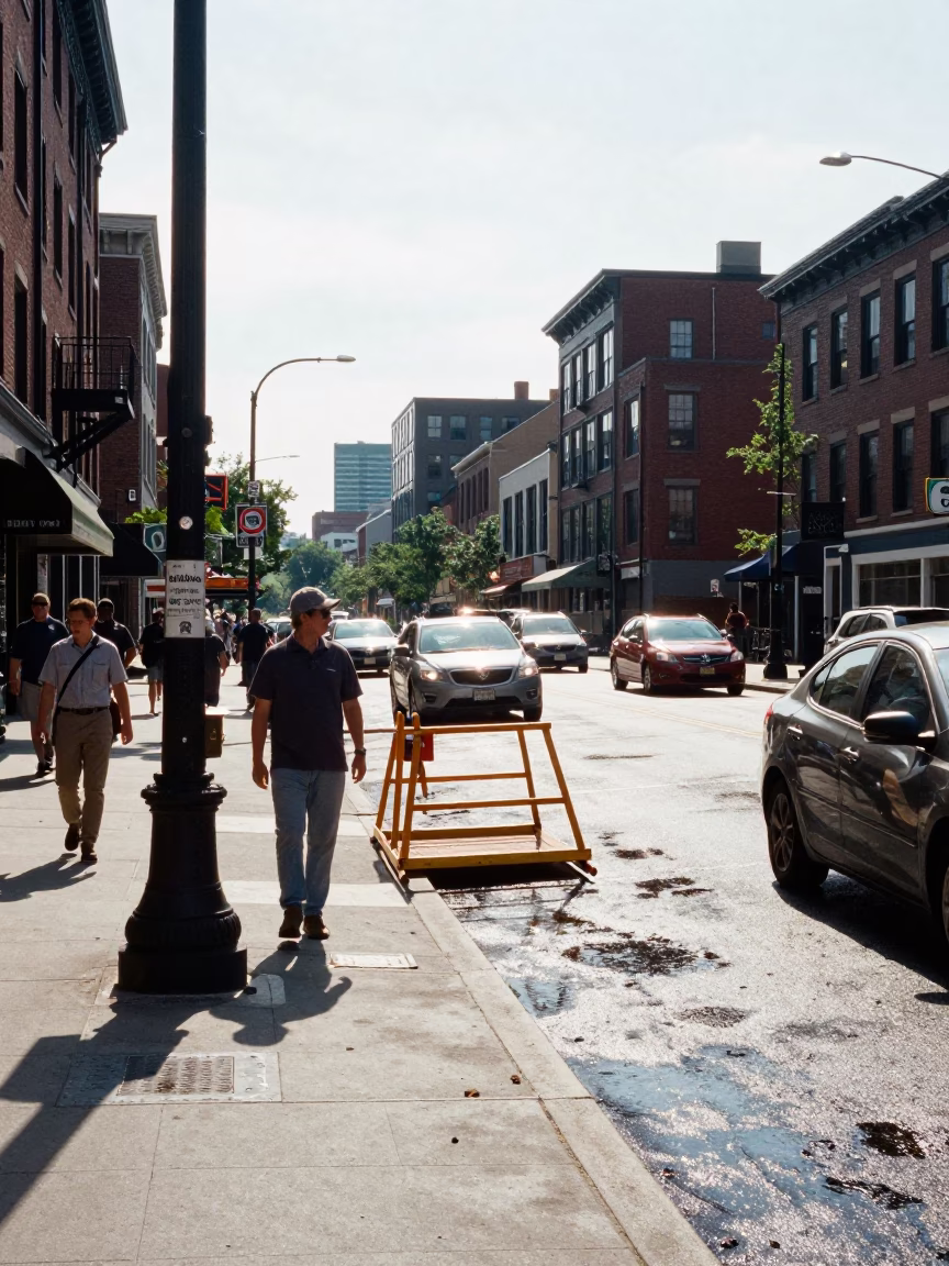 Boston Massachusetts Noon Street Scene with Bridge Maintenance Cage and Urban Details in in Boston, Massachusetts, United States