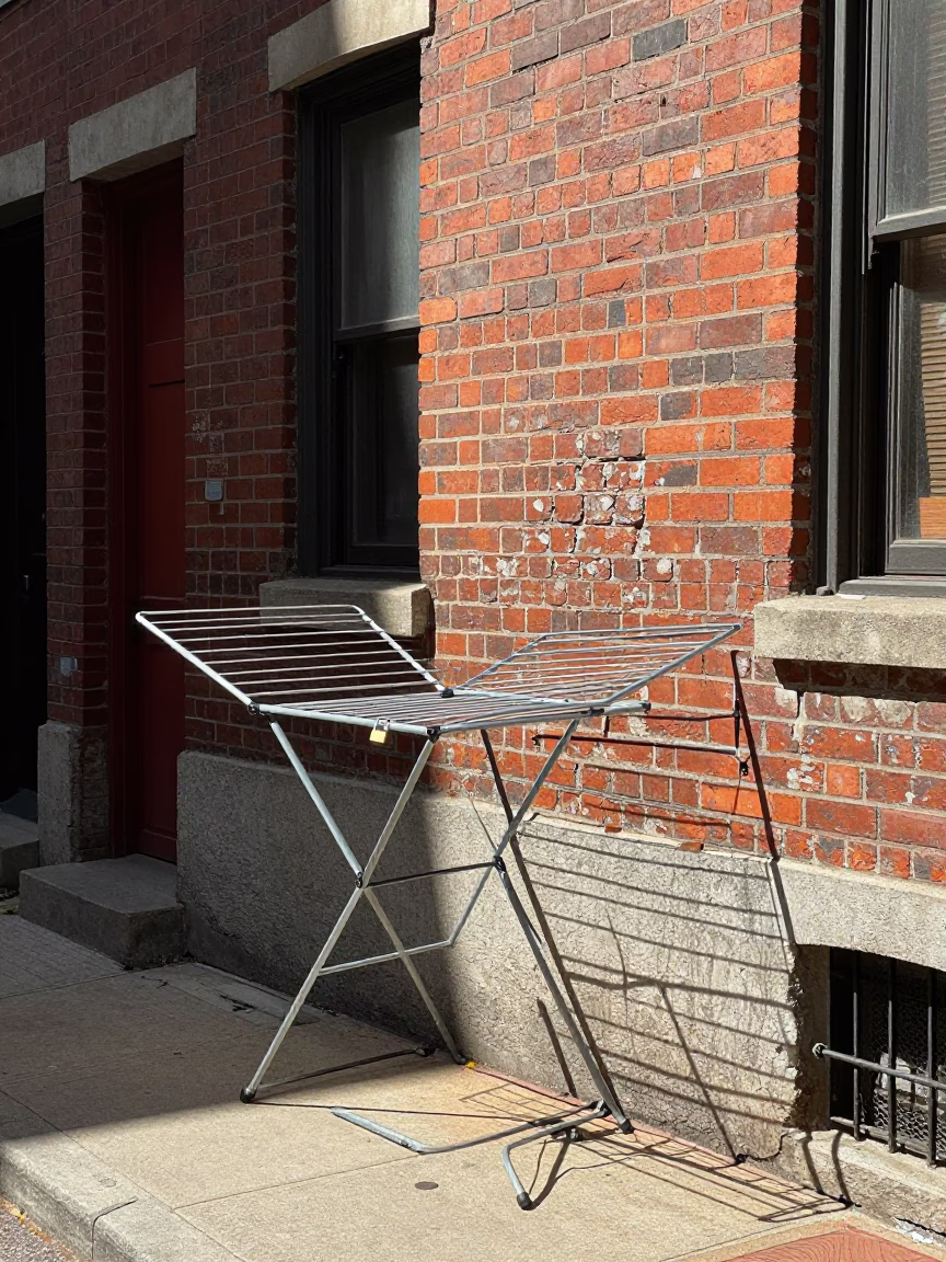 Boston Massachusetts Noon Street Scene with Drying Rack and Padlock on Brick Building in in Boston, Massachusetts, United States