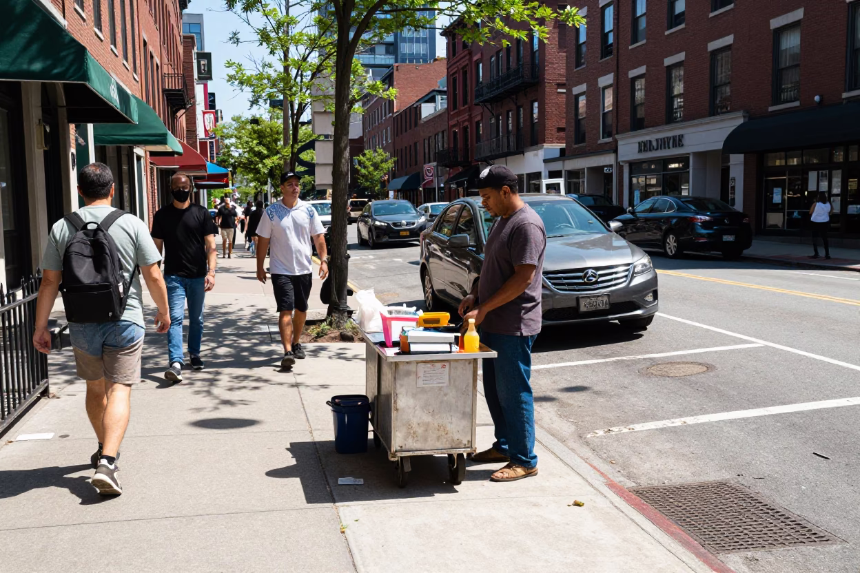 Boston Massachusetts Noon Street Scene with Local Vendor and Pedestrians Under Flat Glare in in Boston, Massachusetts, United States