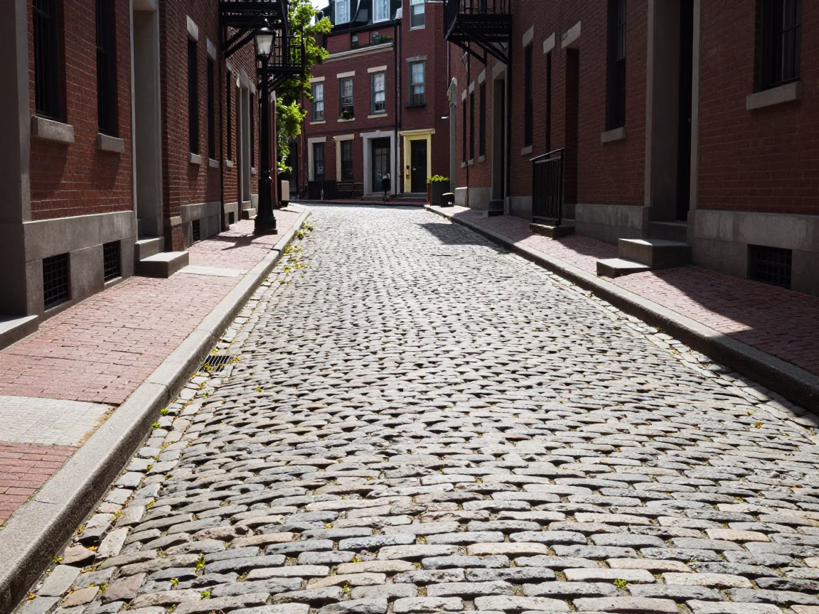 Boston Massachusetts Noon Sunlight on Cobblestone Street with Water Rings and Vase in in Boston, Massachusetts, United States