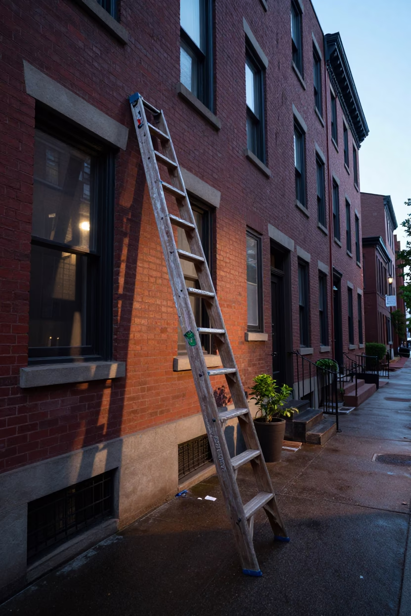 Boston Massachusetts Pre-Dawn Street Scene with Ladder and Houseplant in in Boston, Massachusetts, United States