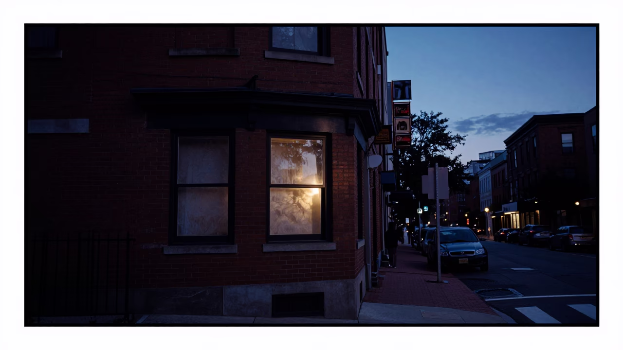 Boston Massachusetts Pre-Dawn Street Scene with Mineral Stains on Window Sill in in Boston, Massachusetts, United States