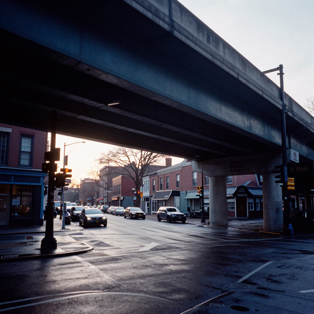 Boston Massachusetts Pre-Dawn Street Scene with Overpass Shadows and Wet Asphalt Reflections in in Boston, Massachusetts, United States