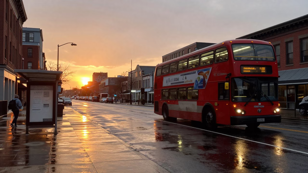 Boston Massachusetts Street Scene at Sunset with Double Decker Bus and Rainy Bus Stop in in Boston, Massachusetts, United States