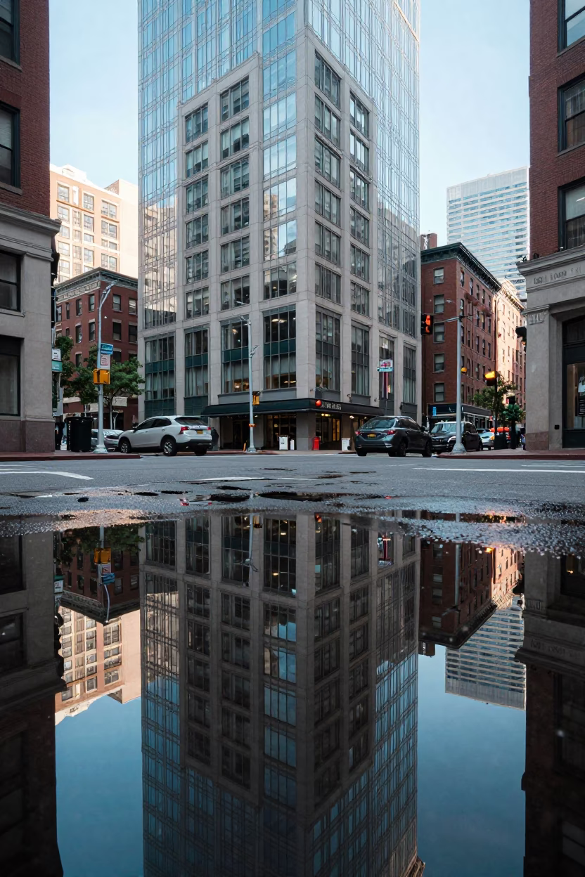 Boston Massachusetts Street Scene Noon Puddle Reflection Hotel Windows Tail Lights in in Boston, Massachusetts, United States