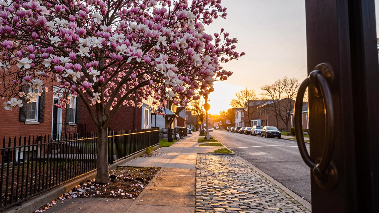 Boston Massachusetts Street Scene with Magnolia Bloom and Gate Handle at Sunset in in Boston, Massachusetts, United States