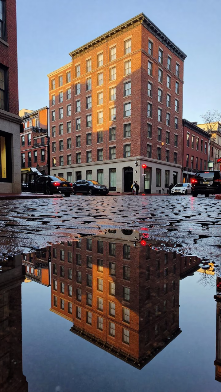 Boston Massachusetts Sunrise Puddle Reflection Hotel Windows and Tail Lights in in Boston, Massachusetts, United States