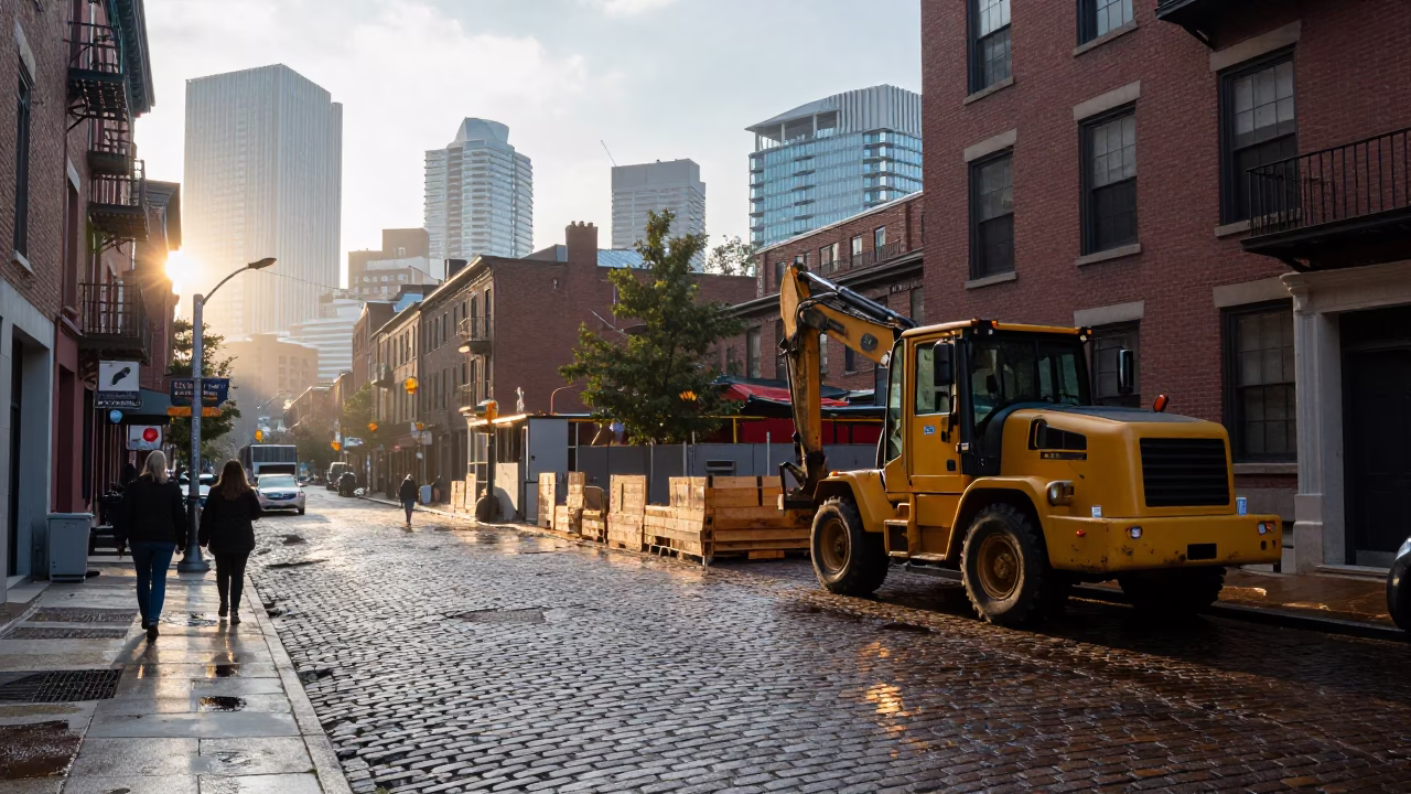 Boston Massachusetts Sunrise Street Scene with Construction and Commuters in in Boston, Massachusetts, United States