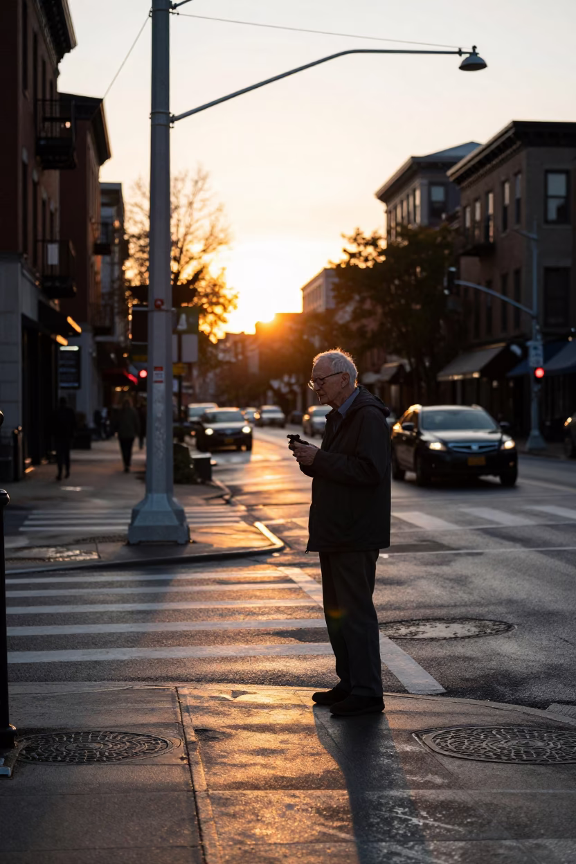 Boston Massachusetts Sunset Street Scene with Retired Astronomer and Taillights in in Boston, Massachusetts, United States