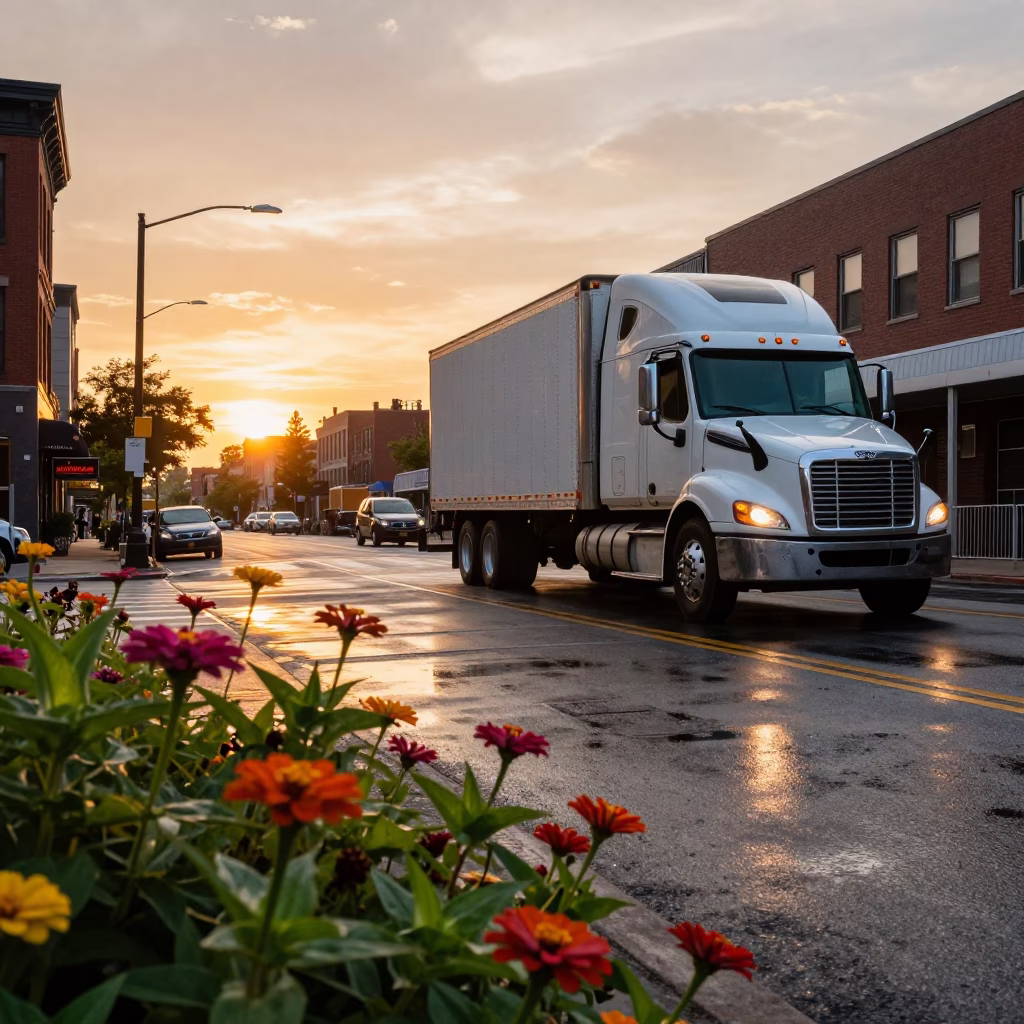 Boston Massachusetts Sunset Street Scene with Semi-Trailer and Zinnias in in Boston, Massachusetts, United States