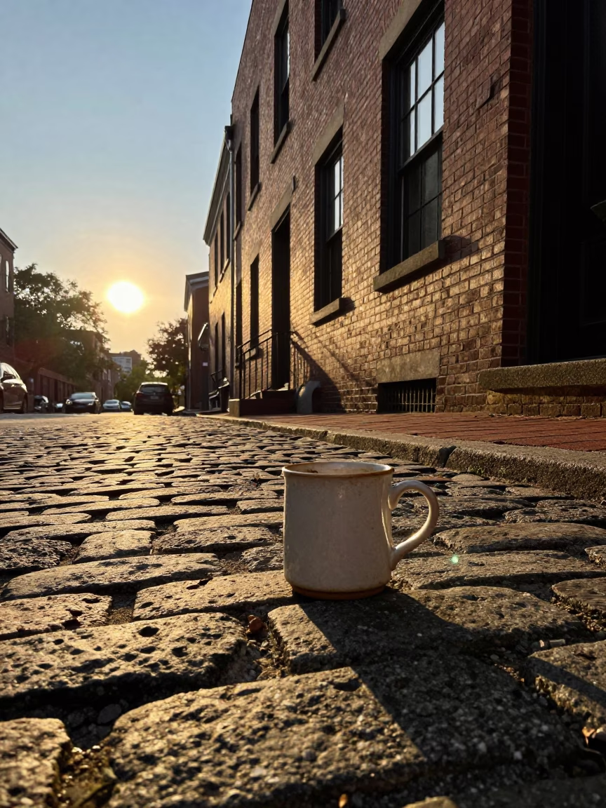 Boston Massachusetts Sunset Street Scene with Vintage Coffee Mug and Urban Details in in Boston, Massachusetts, United States