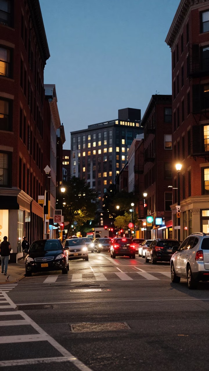 Boston Massachusetts Twilight Street Scene with City Lights and Urban Architecture in in Boston, Massachusetts, United States