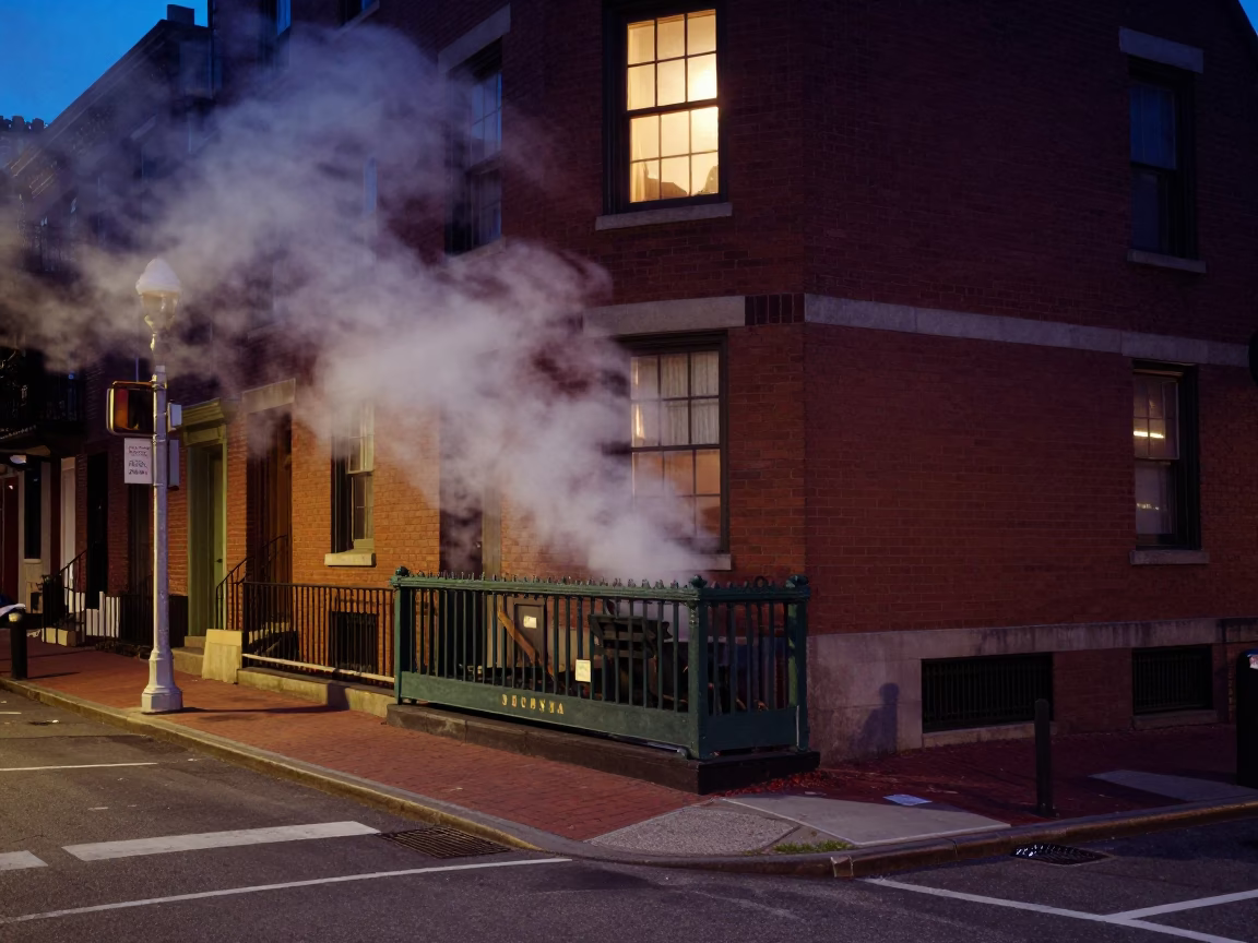 Boston Massachusetts Twilight Street Scene with Steam Haze Above Window Glass and Urban Atmosphere in in Boston, Massachusetts, United States