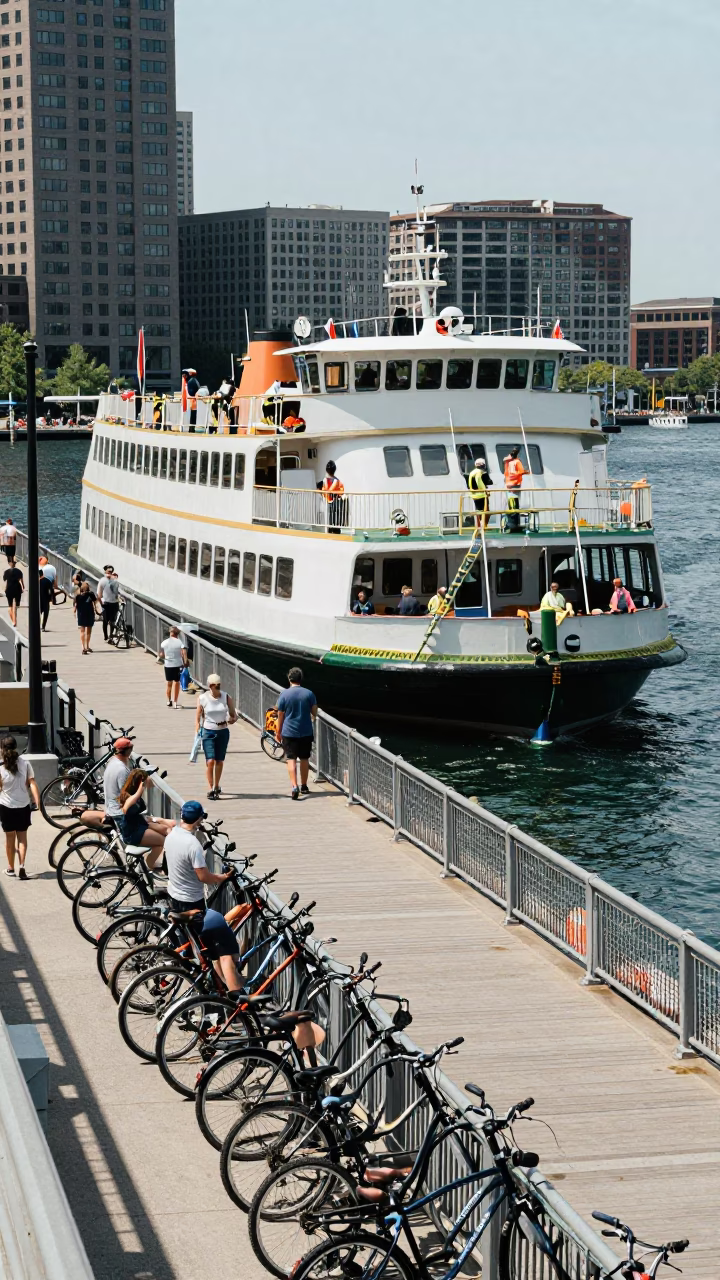 Boston Midday Ferry Dock Scene with Passengers Bicycles and Coastal Waterfront Activity in in Boston, Massachusetts, United States