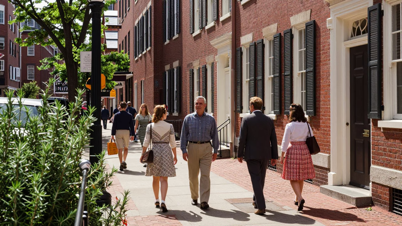 Boston Midday Street Scene with Rosemary Sprigs and Vintage Urban Elements in in Boston, Massachusetts, United States
