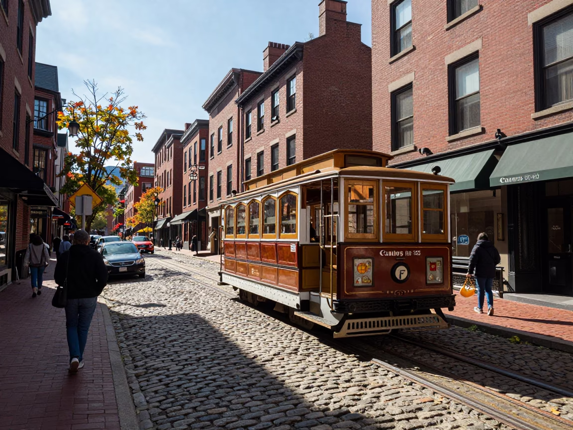 Boston Midday Street Scene with Vintage Funicular and Autumn Vines in Massachusetts in in Boston, Massachusetts, United States