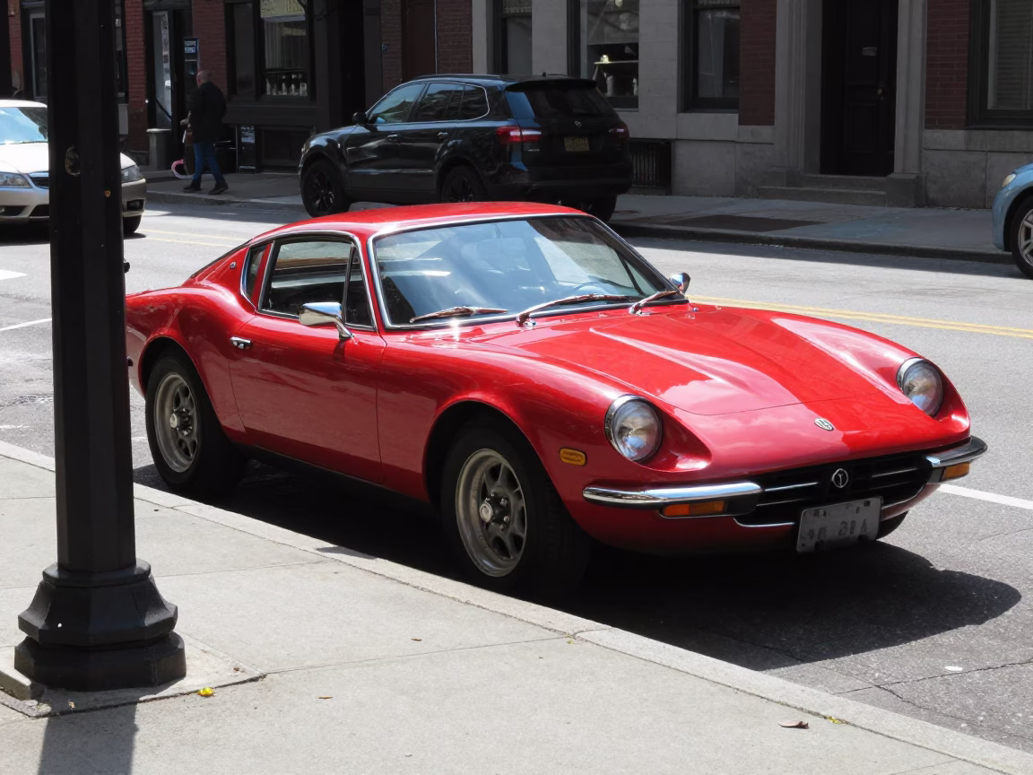 Boston Midday Street Scene with Vintage Red Sports Car and Urban Architecture in in Boston, Massachusetts, United States