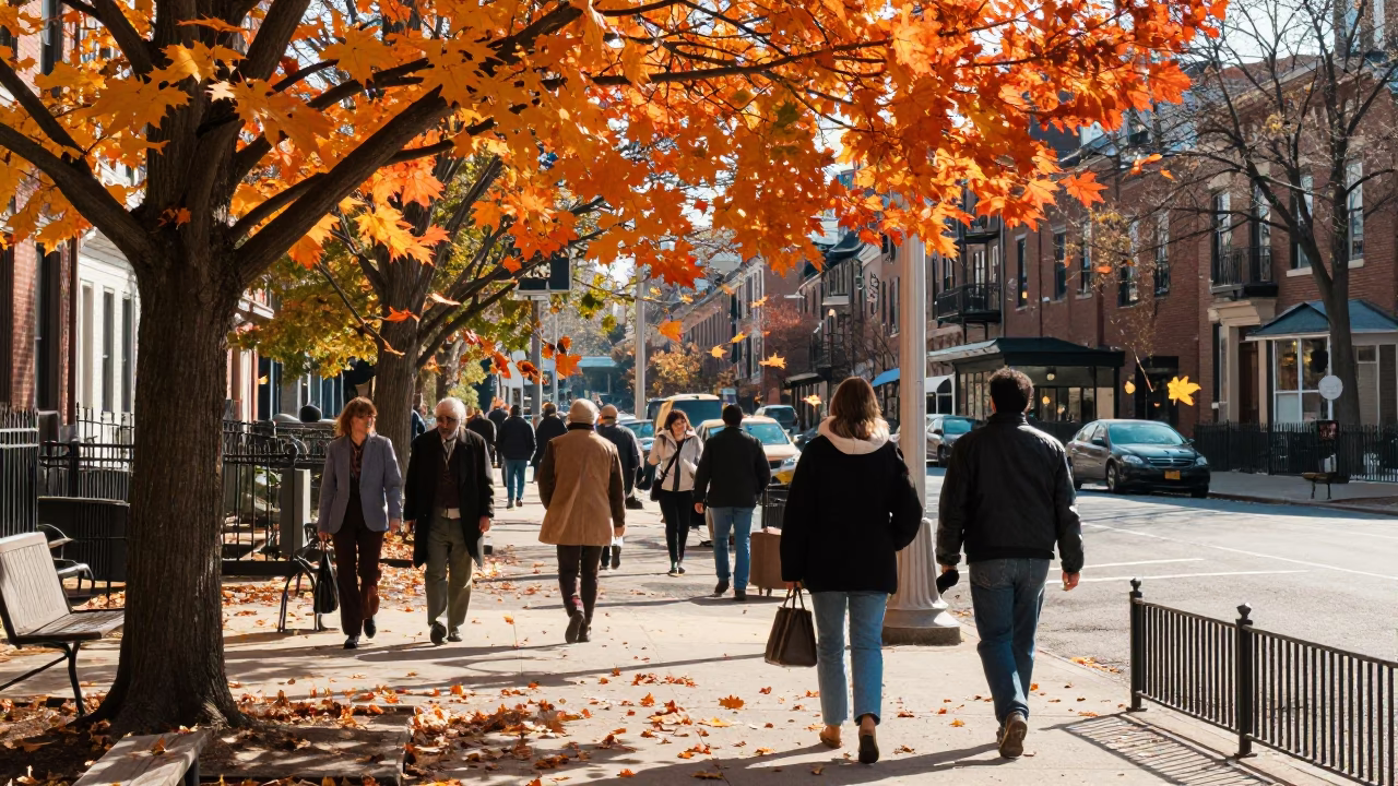 Boston Midmorning Street Scene with Autumn Maple Leaves and Local Activity in in Boston, Massachusetts, United States