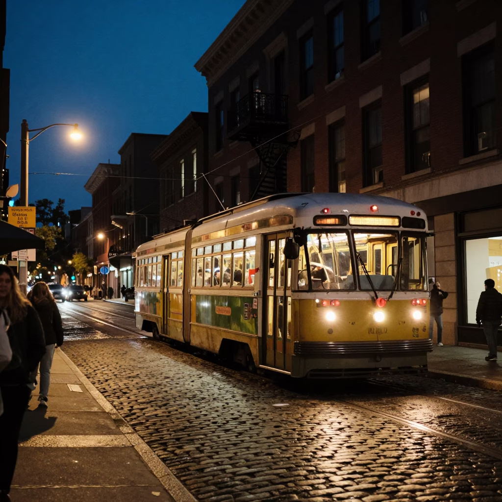 Boston Midnight Street Scene with Tram on Steep Hill and Urban Reflections in in Boston, Massachusetts, United States