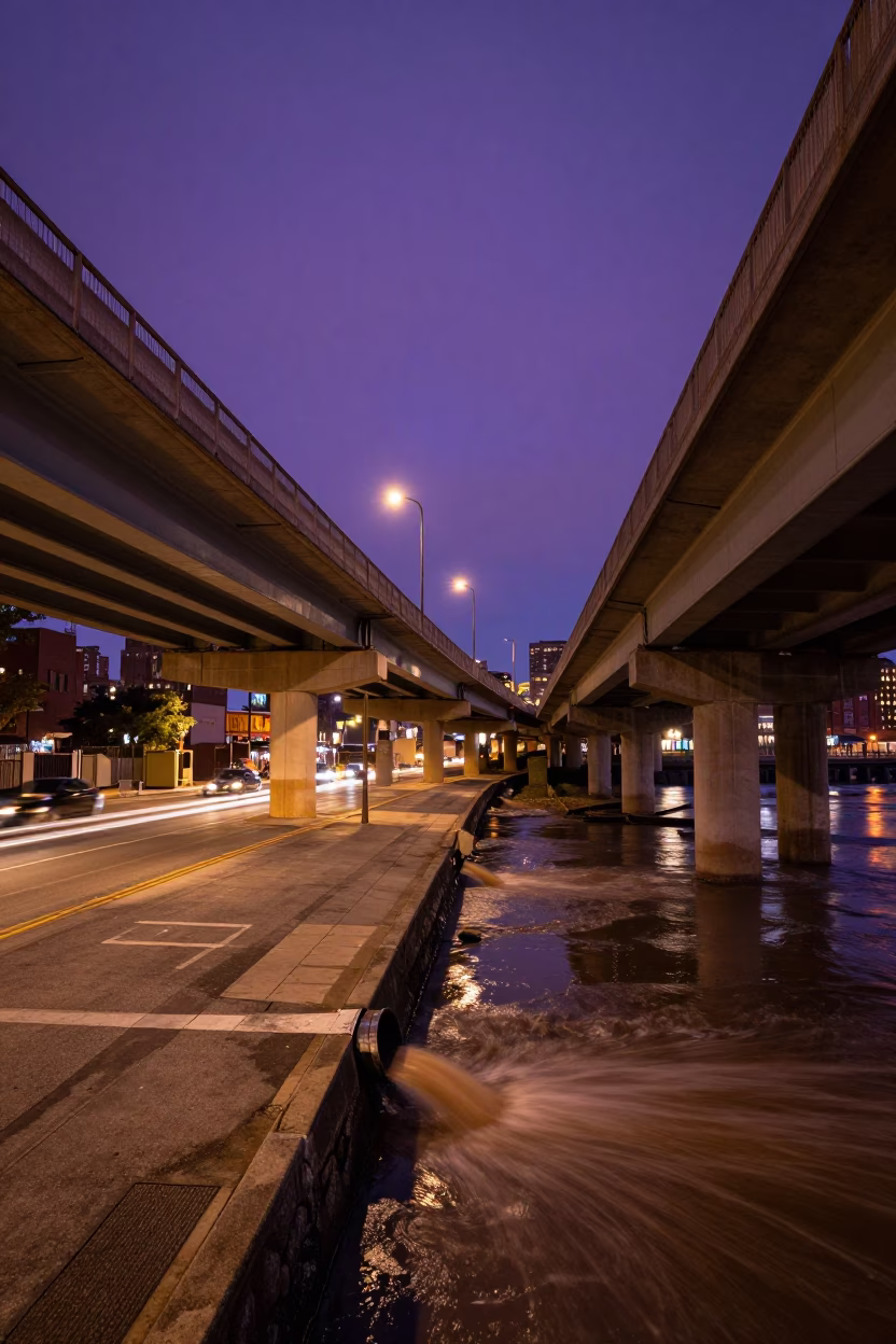 Boston Midnight Street Scene with Violet Sky Overpass and Urban River Drainage in in Boston, Massachusetts, United States