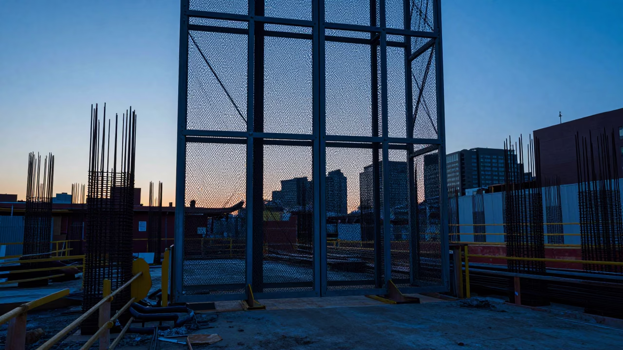 Boston Nautical Dawn Construction Site with Rebar Bundles and Elevator Gate in in Boston, Massachusetts, United States