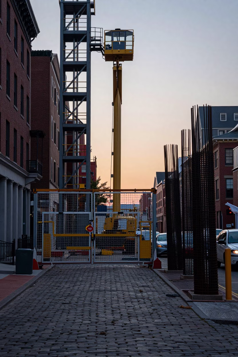 Boston Nautical Dawn Street Scene with Construction Elevator and Urban Life in in Boston, Massachusetts, United States