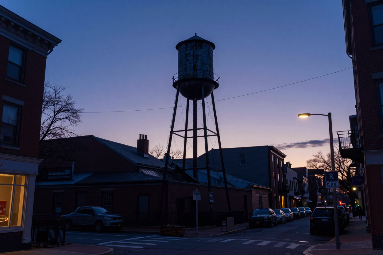 Boston Nautical Dawn Street Scene with Water Tower and Taillight Streaks in in Boston, Massachusetts, United States