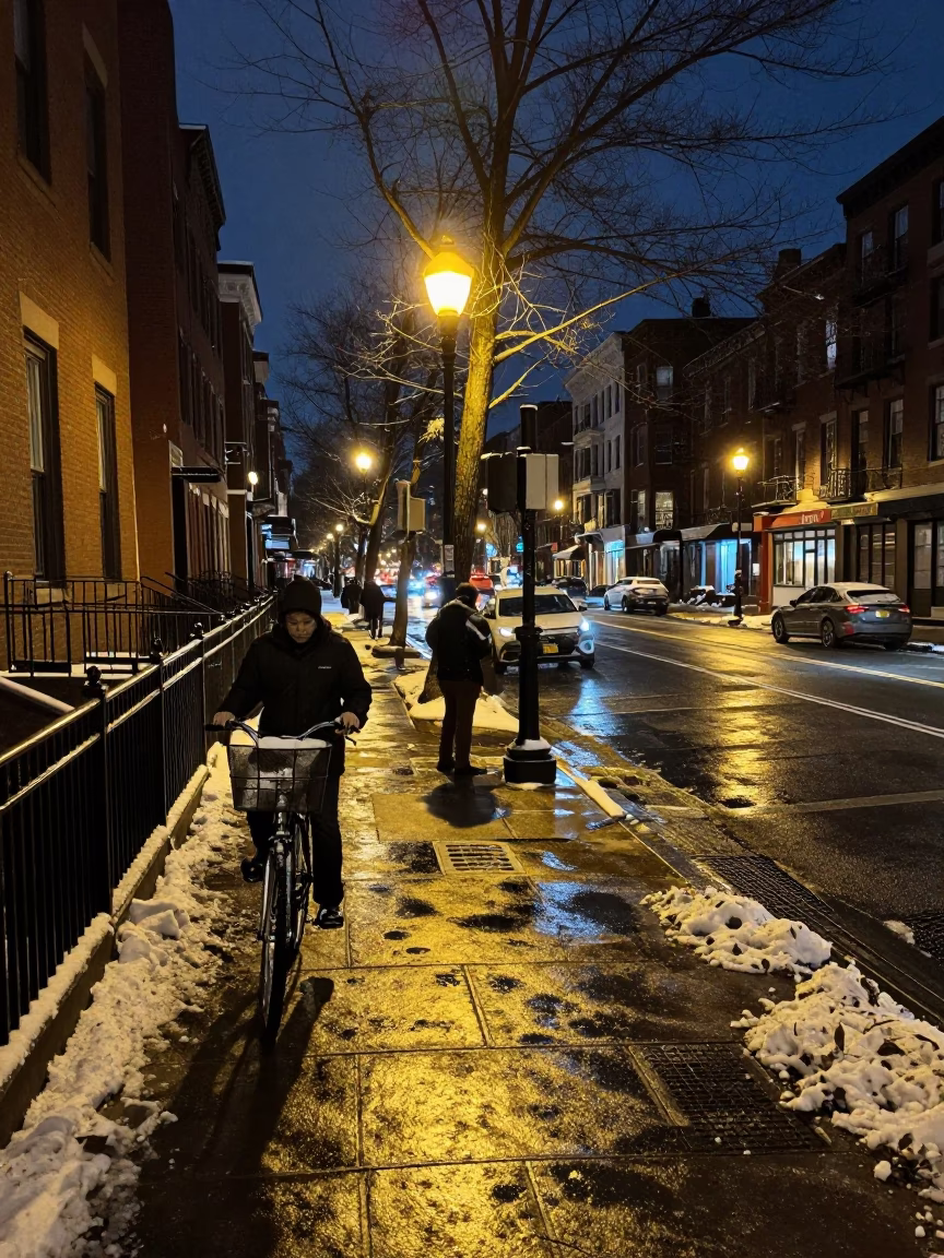 Boston Night Street Scene with Bicycle Basket and Snowy Sidewalk Under Deep Night Sky in in Boston, Massachusetts, United States