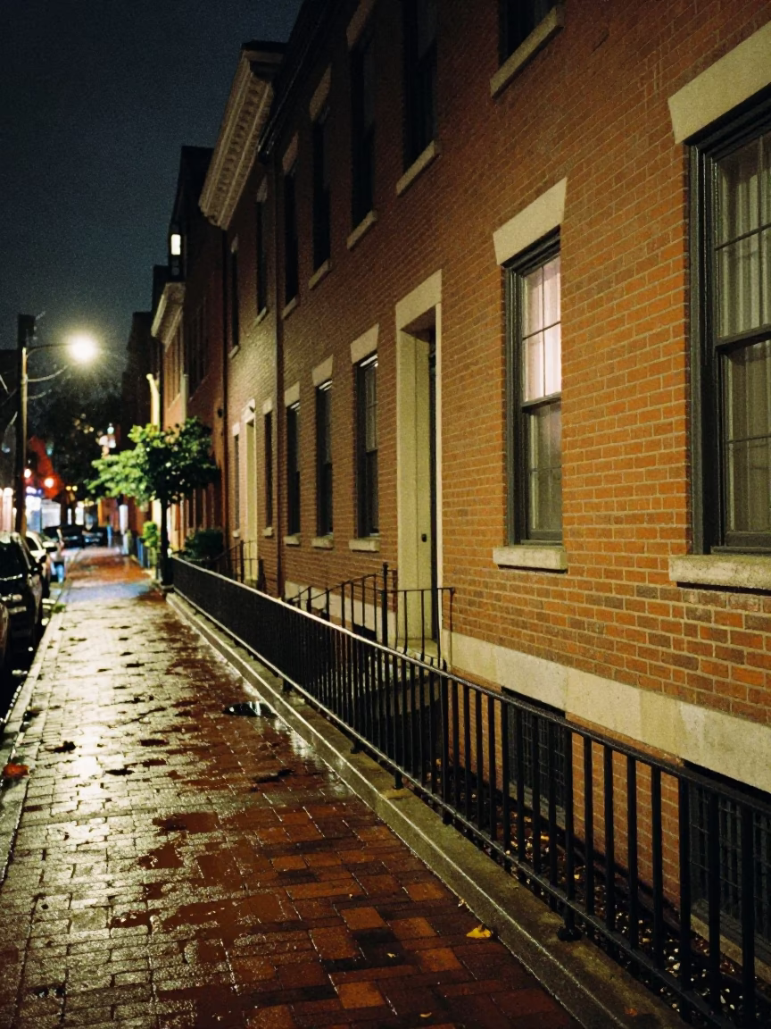 Boston Night Street Scene with Brick Buildings and Wet Pavement Reflections in in Boston, Massachusetts, United States