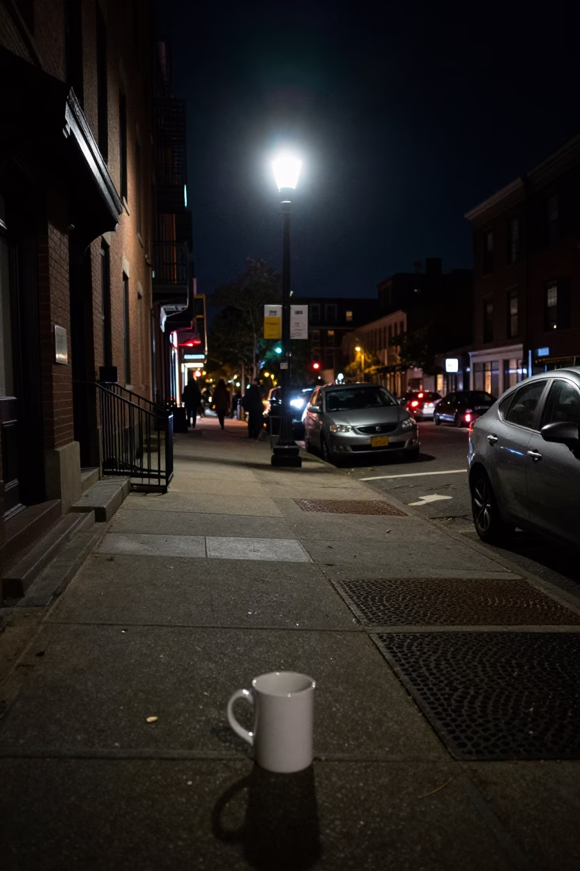 Boston Night Street Scene with Coffee Mug and Urban Details in in Boston, Massachusetts, United States