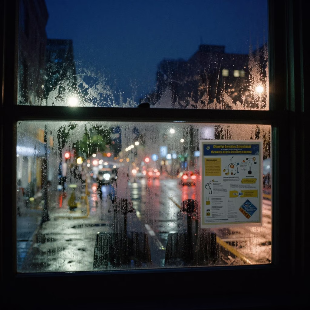 Boston Night Street Scene with Condensation on Classroom Window and Blue Porcelain Detail in in Boston, Massachusetts, United States