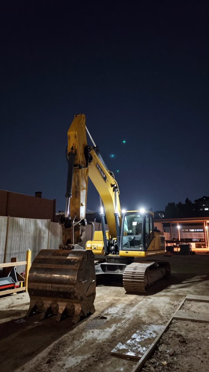 Boston Night Street Scene with Construction Pile Driver and Urban Activity in in Boston, Massachusetts, United States