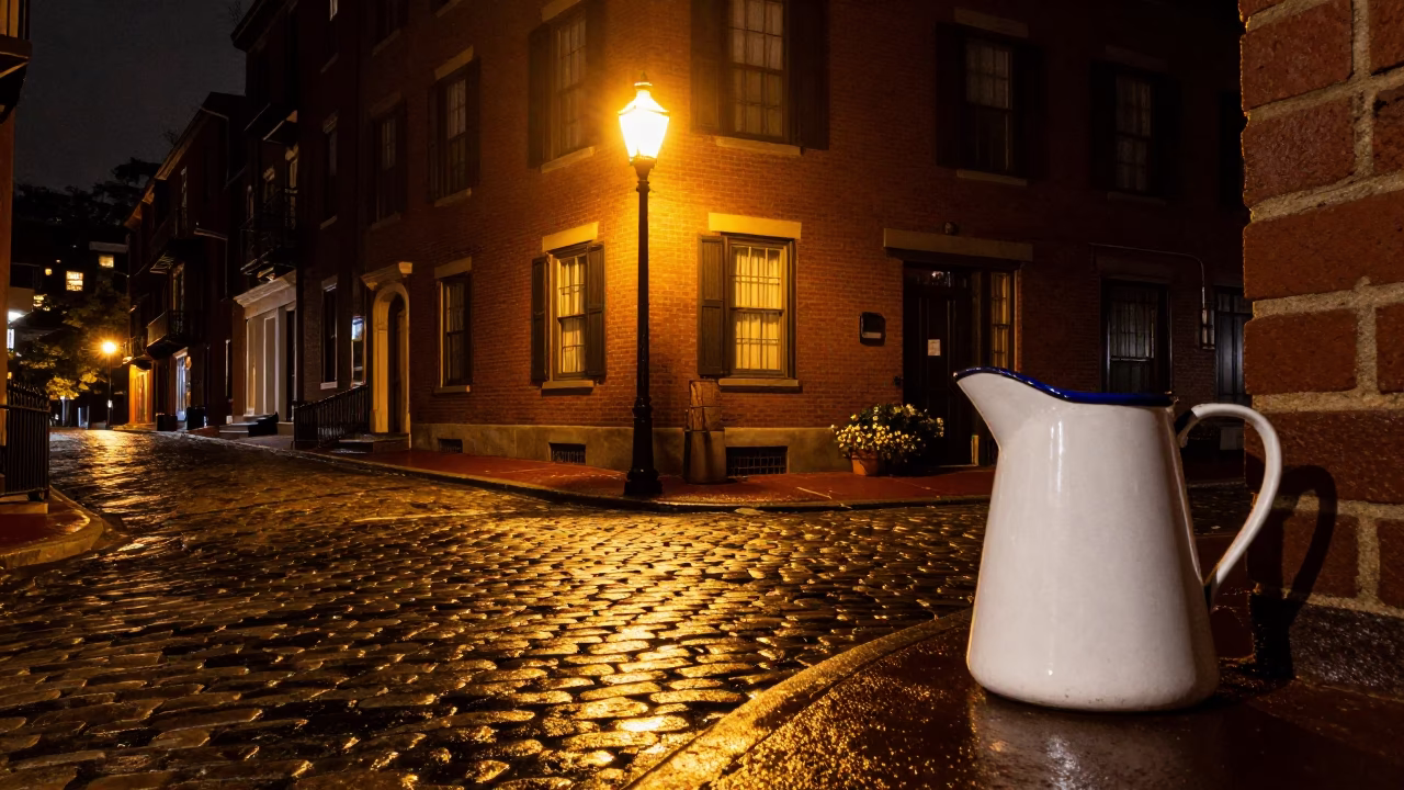 Boston Night Street Scene with Enamel Pitcher and Heirloom Key in Rain in in Boston, Massachusetts, United States