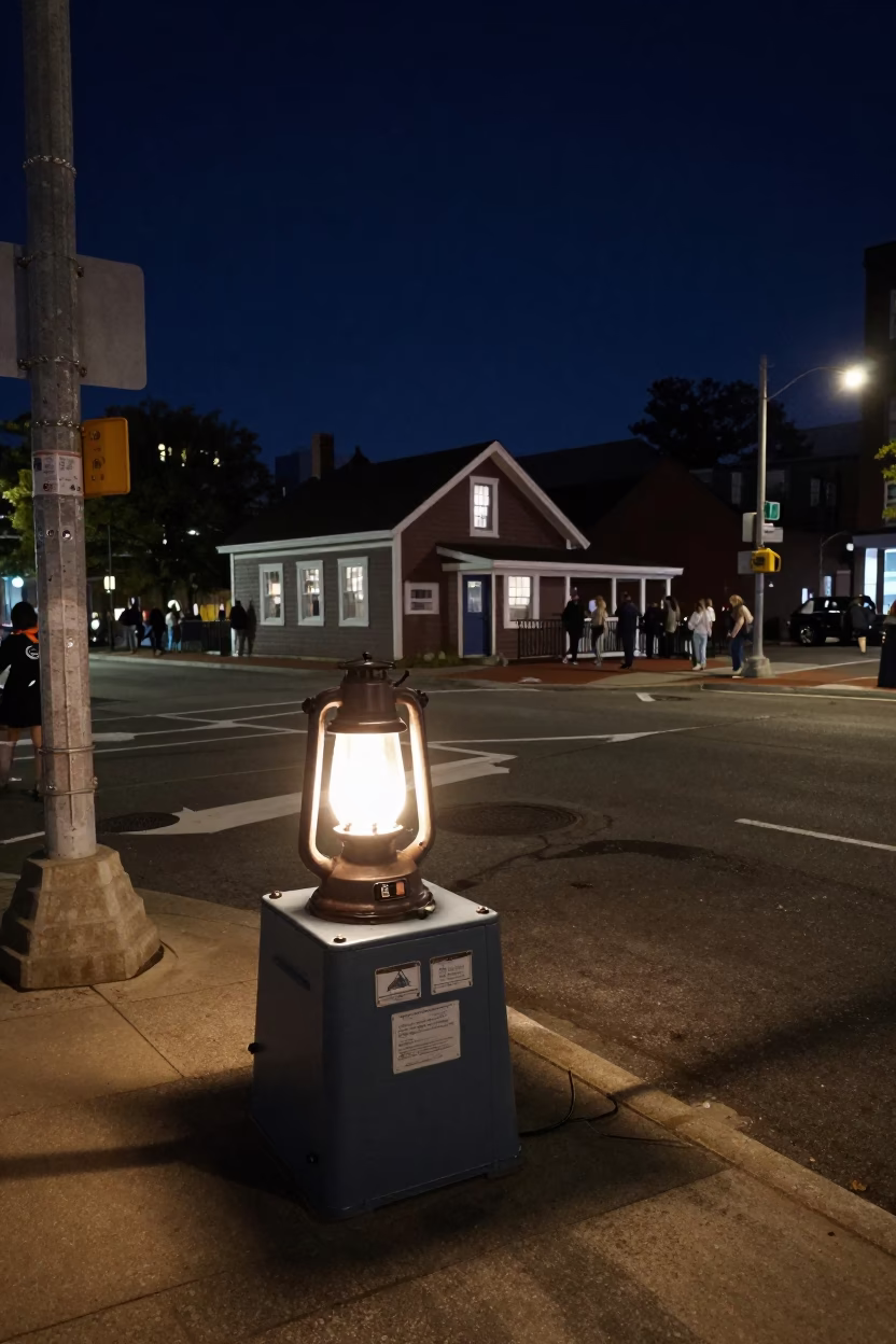 Boston Night Street Scene with Marine Science Field Station and Hurricane Lamp Lighting in in Boston, Massachusetts, United States