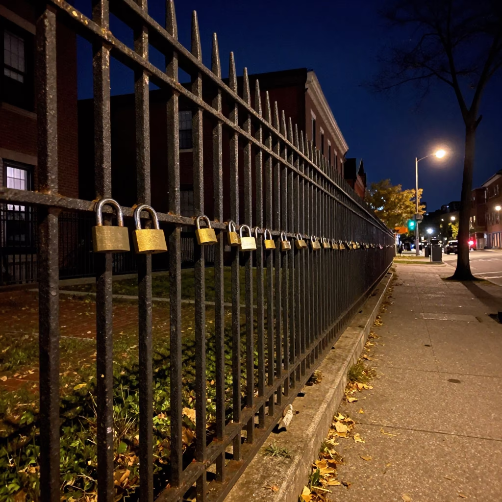 Boston Night Street Scene with Padlock on Iron Fence Under Deep Sky in in Boston, Massachusetts, United States